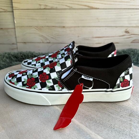 Vans Asher Checkerboard Roses Womens Slip Ons Size 9.5 Sepia Rose Sneakers - Picture 3 of 12
